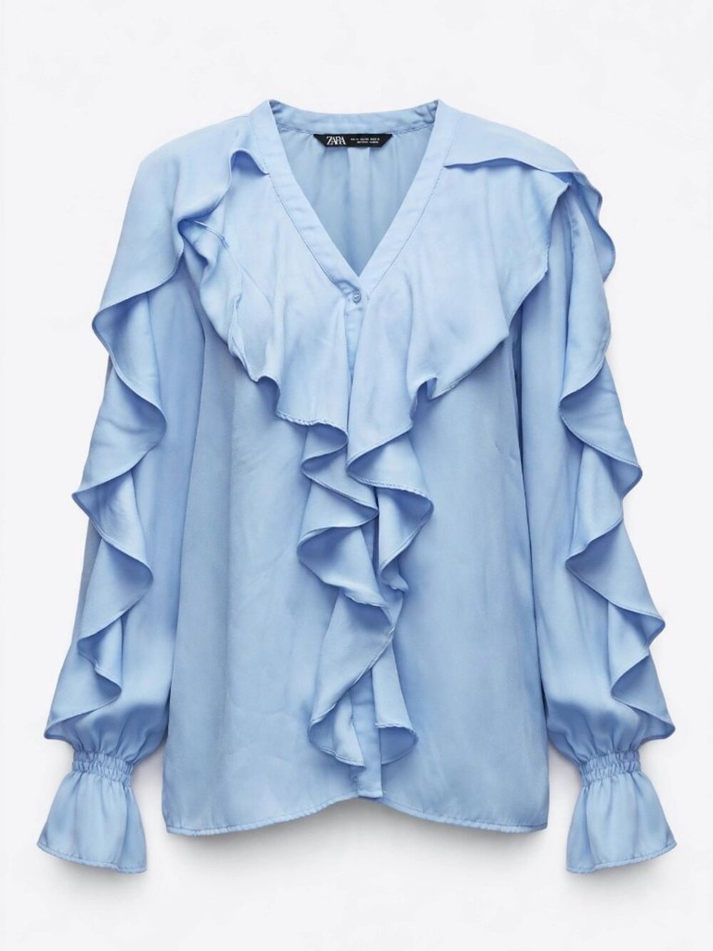Zara Light Blue Ruffle V-Neck Blouse - Picture 2 of 3